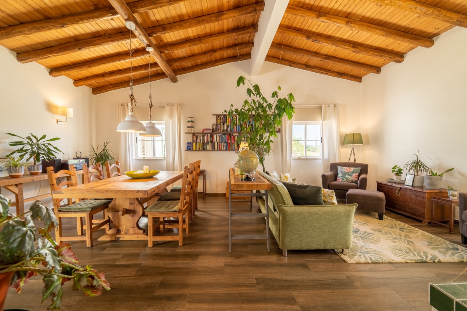 Rustic dining under timber beams